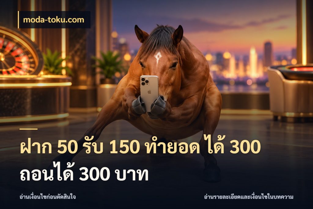 ฝาก 50 รับ 150 ทํายอด ได้ 300 ถอนได้ 300 บาท สีสันของโปรฝากและยอดรับ กับ moda-toku.com